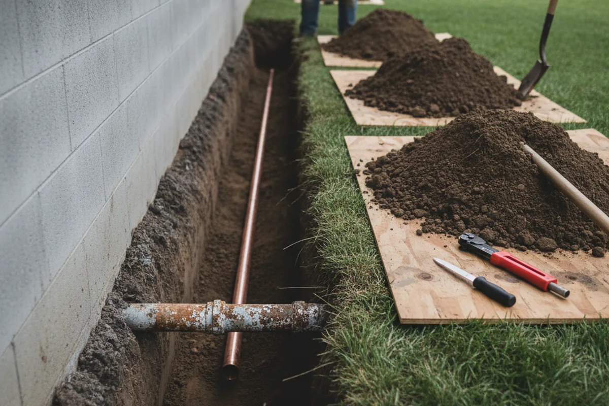 Excavated water line trench during Water Softener Installation in Carrolltown
